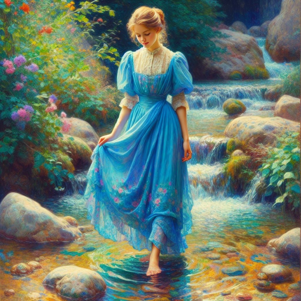 Romantic Painting of Lady Dipping Toes in Stream