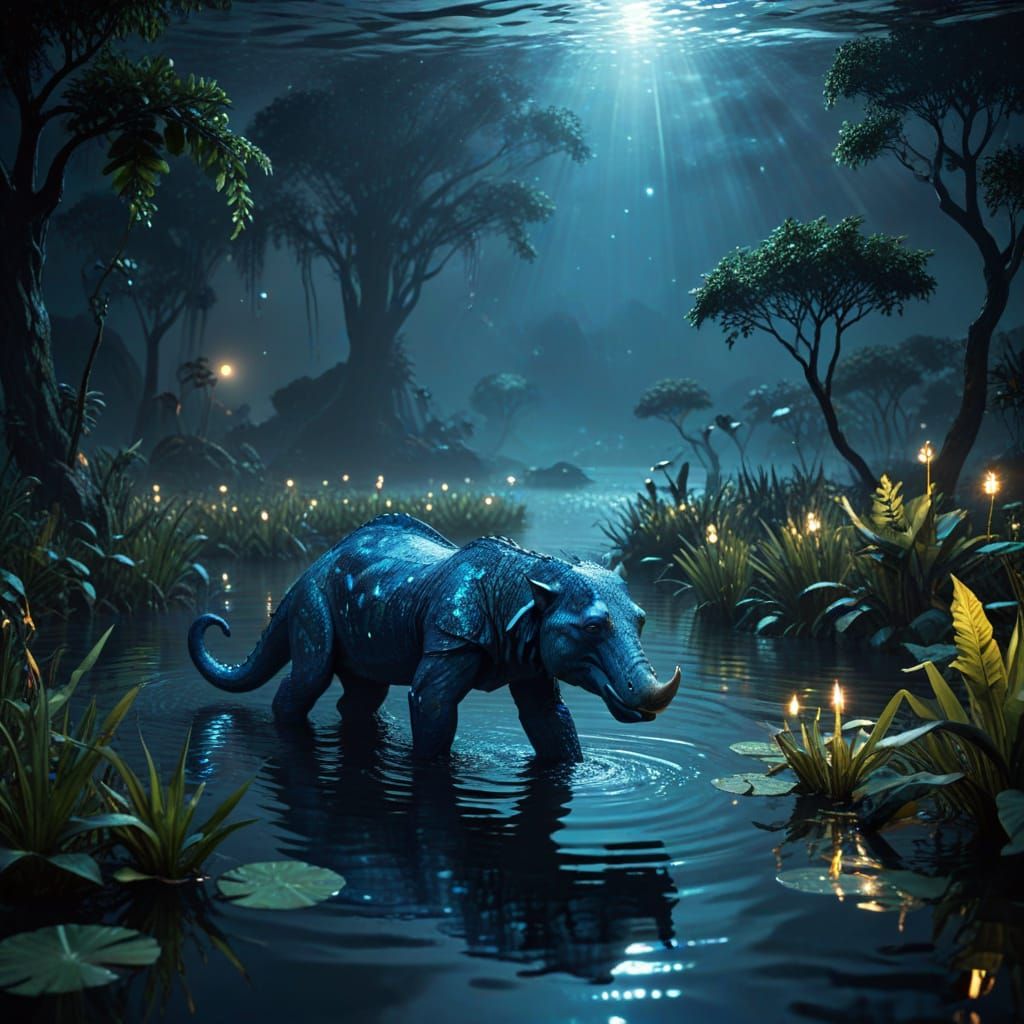 Mokele-mbembe in Congo Lake under Blue Moonlight