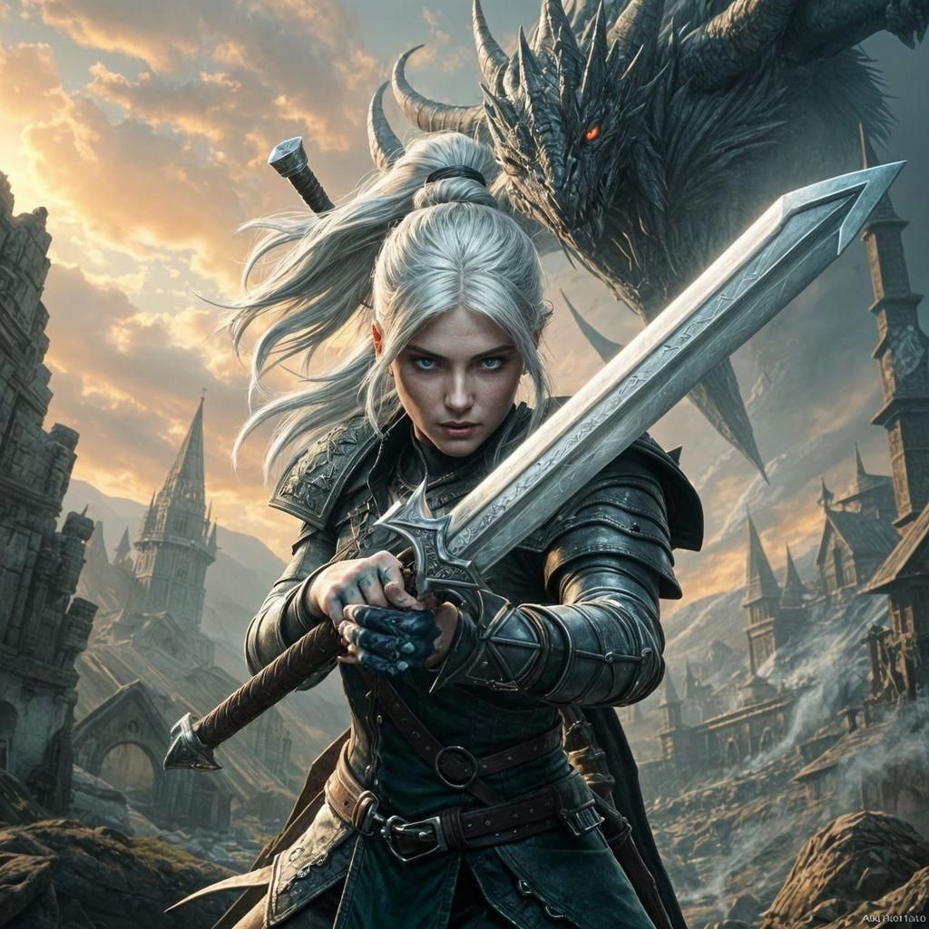 Ciri Slaying Monster: Dark Fantasy Art
