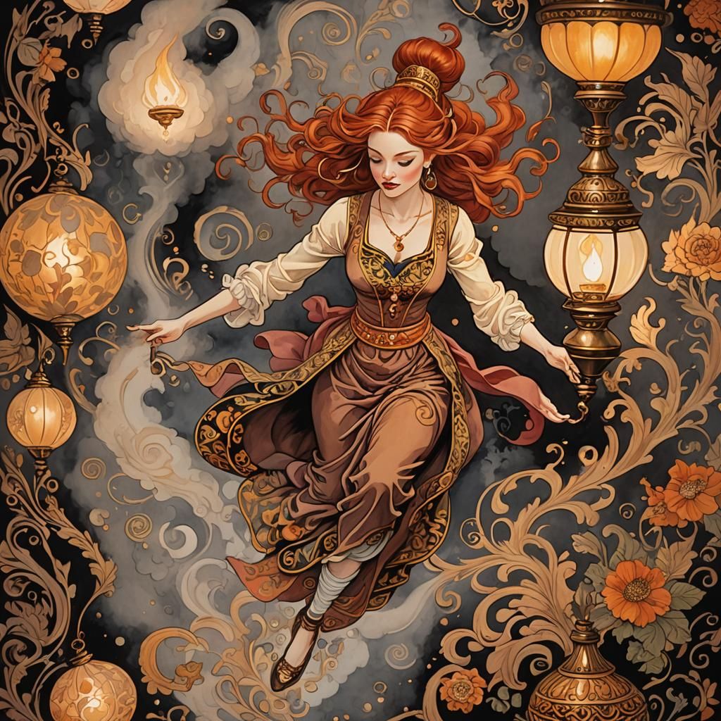 Redhead Woman Emerges from Genie Lamp in Folk Art