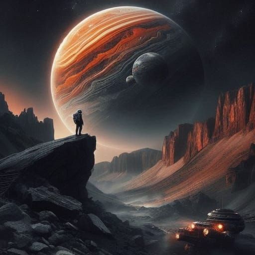 Astronaut Standing on Rocky Cliff Edge, Gazing at Cosmic Hor...