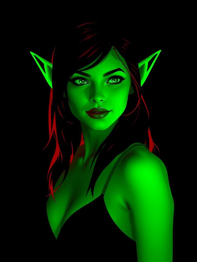 Ethereal Elf Silhouette in Bold Green and Red