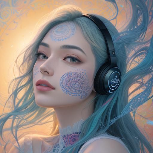 Girl with Music Notes and Mandala Patterns