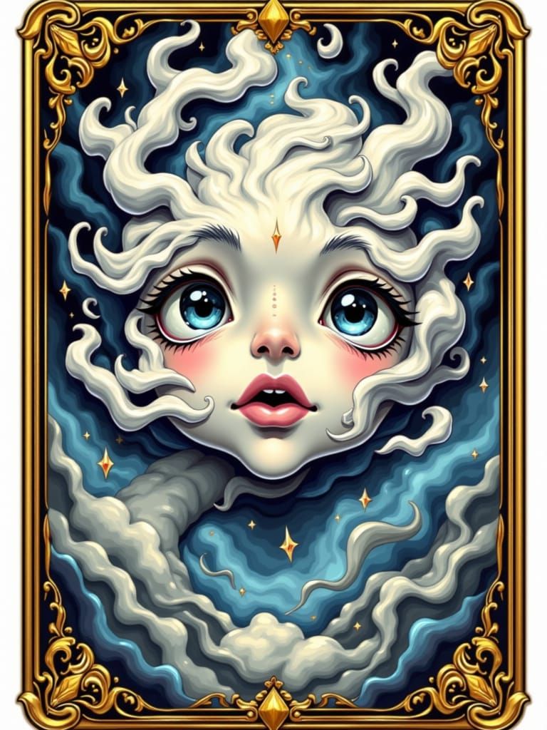 Whimsical Cloud Face Playing Card in a Stormy Golden Border