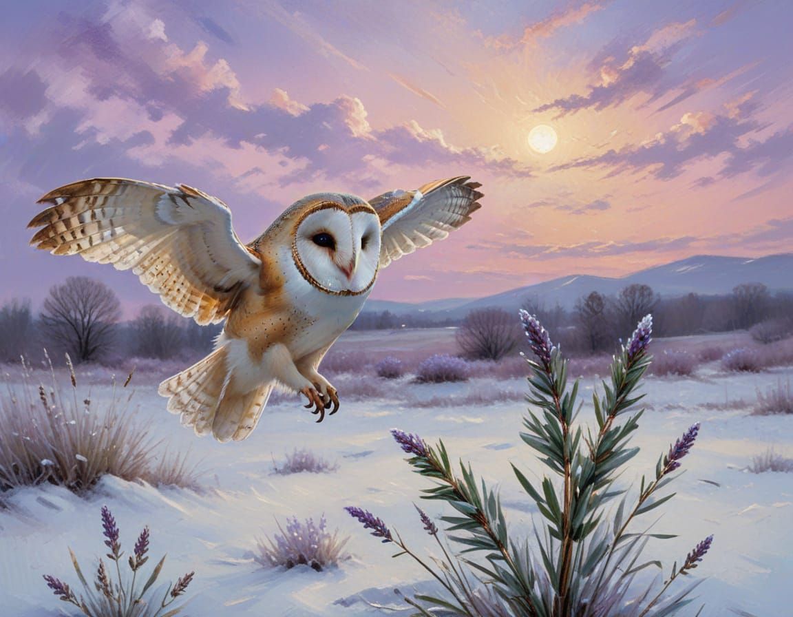 Barn Owl in Winter Twilight: Moody Impasto Painting