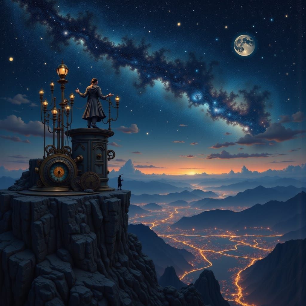 Solitary Figure Tends Clockwork Cosmos in Ancient Observator...