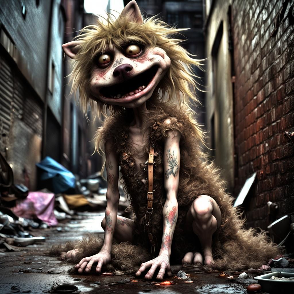 Filthy Furry She-Dog in Grimy Alley