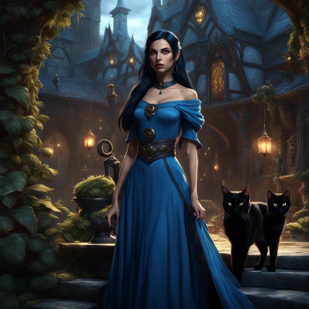 Elf Girl with Black Cat in Fantasy Art