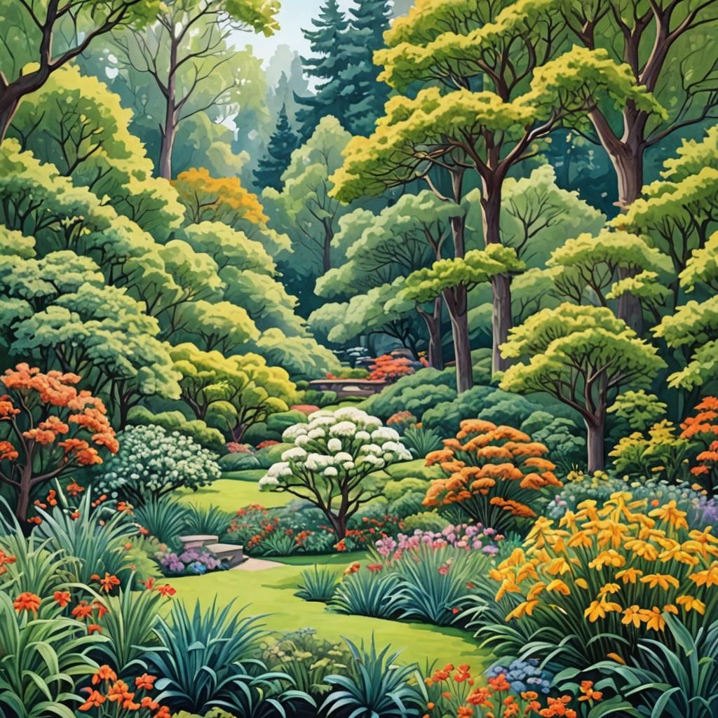 Magnificent Arboretum: Detailed Gouache Painting