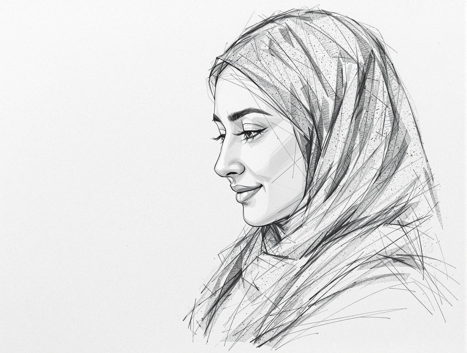 Palestinian Woman in Modest Hijab, Charcoal Pencil Sketch