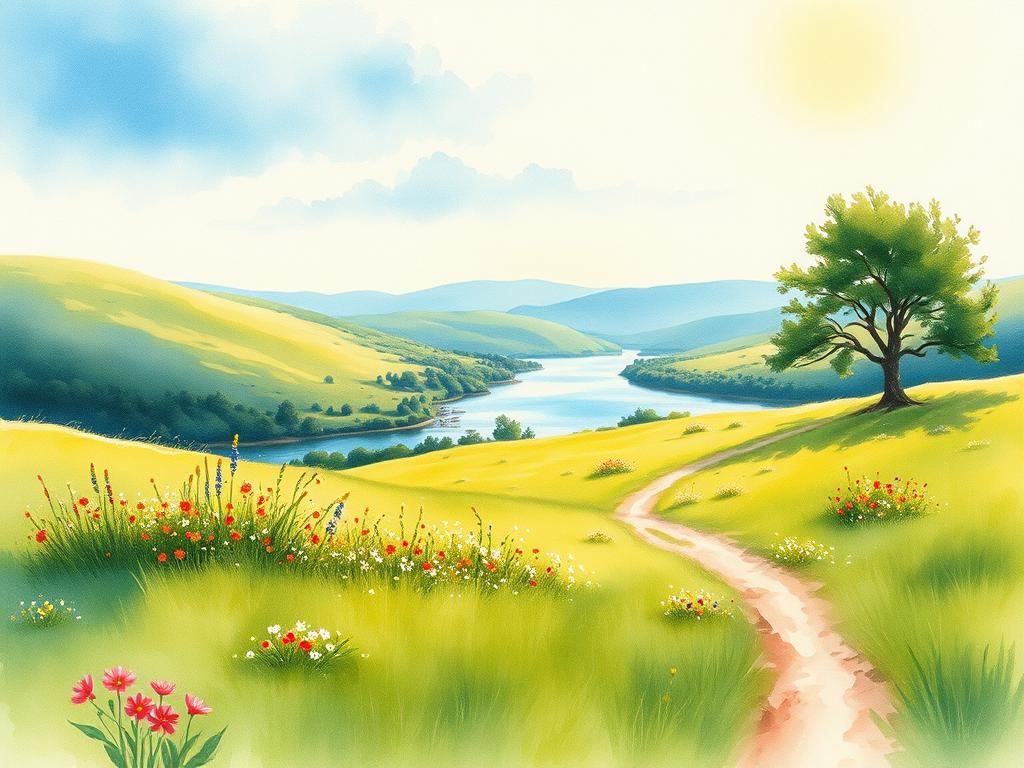 Serene Summer Landscape in Watercolor Painting Style