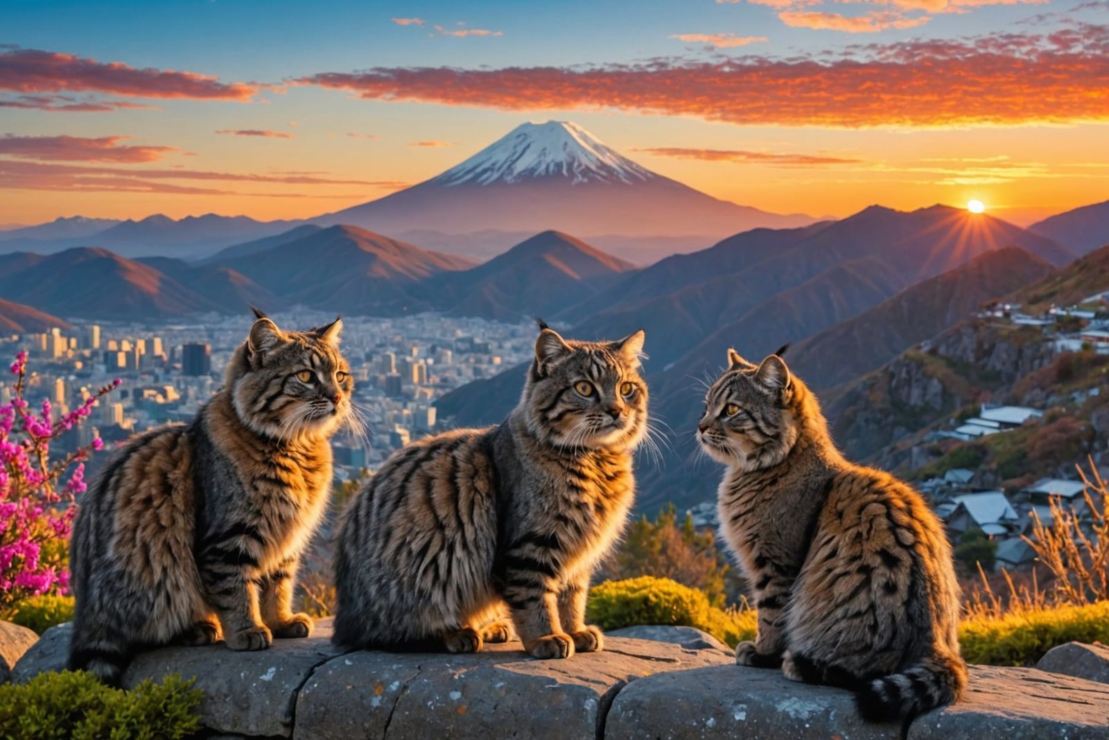 Pallas Cats Watching Sunset in Pop Art Style