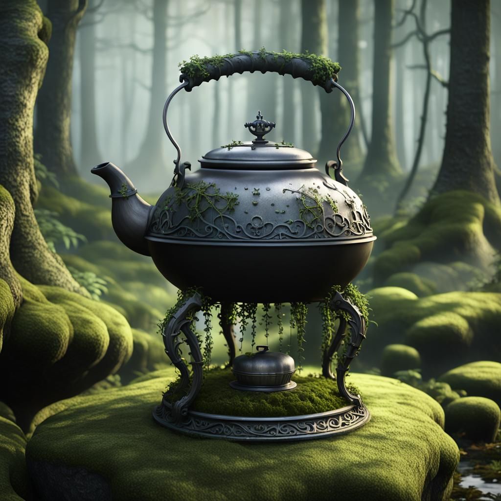 Gothic Tea Kettle in Misty Forest, 3D Rendered