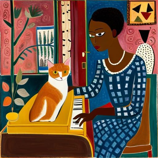 Cat Playing Piano in Naive Art Style