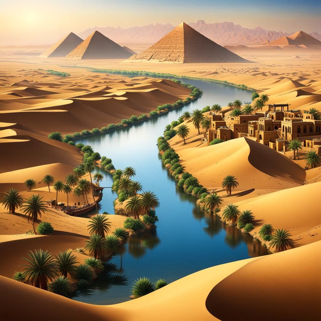 Egyptian Desert River Crossing with Pyramids