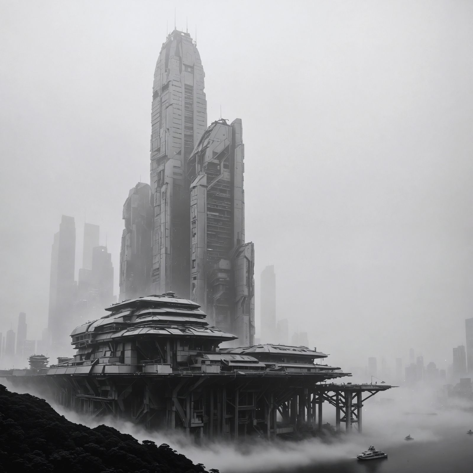 Foggy Mecha-City on the Pacific Ocean in Black and White
