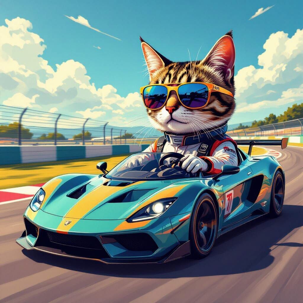 Adult cat driving sports car in racetrack