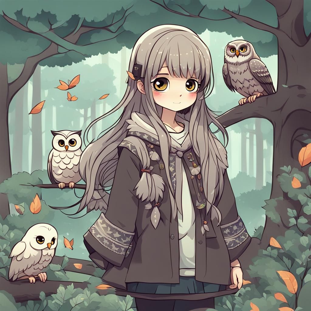 Enchanting Owl Girl in Forest Scene