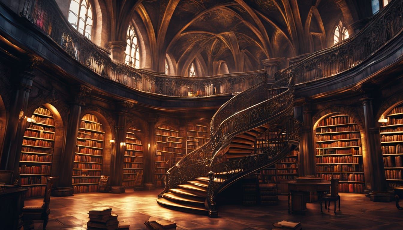 Gothic Epic Library with Infinite Celestial Staircase