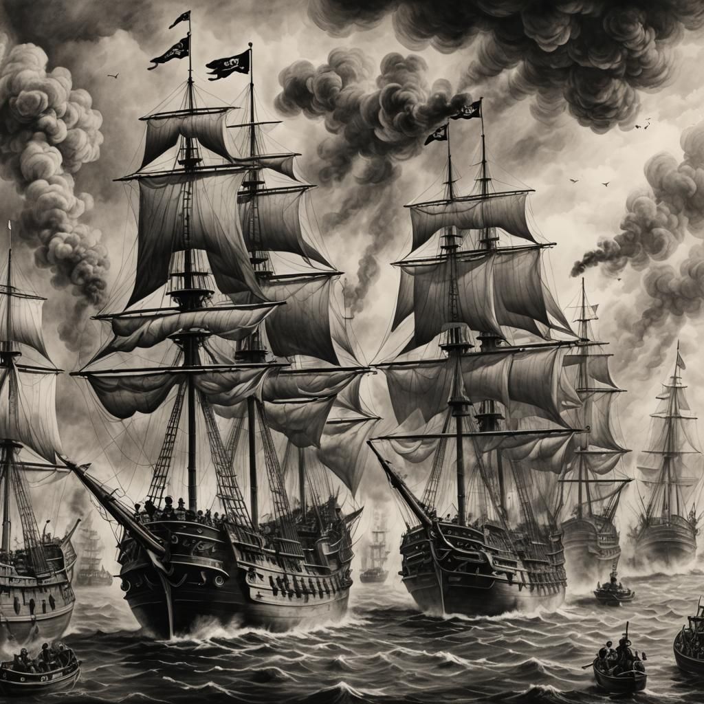 Pirate Ships Battle: Hyperdetailed Charcoal Drawing