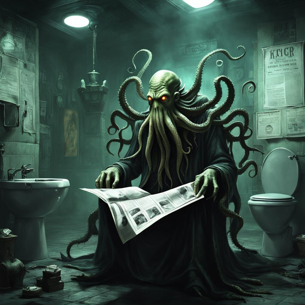 Eldritch Cthulhu Reads Newspaper in Dystopian Throne Room