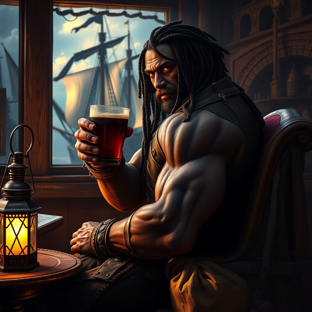 War-weary Black Warrior in Tavern, Surrounded by Gold and Sh...