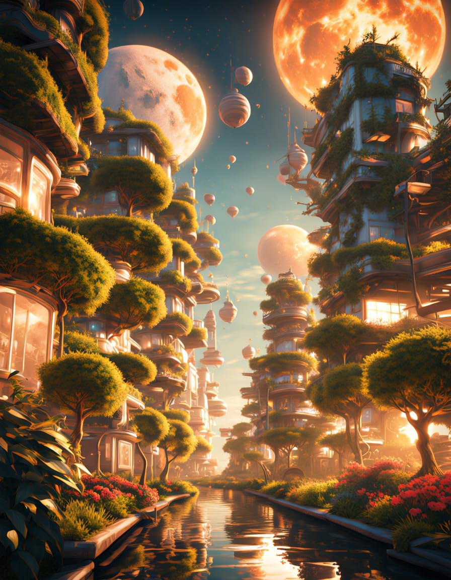 Surreal Futuristic Cityscape in Solarpunk Style