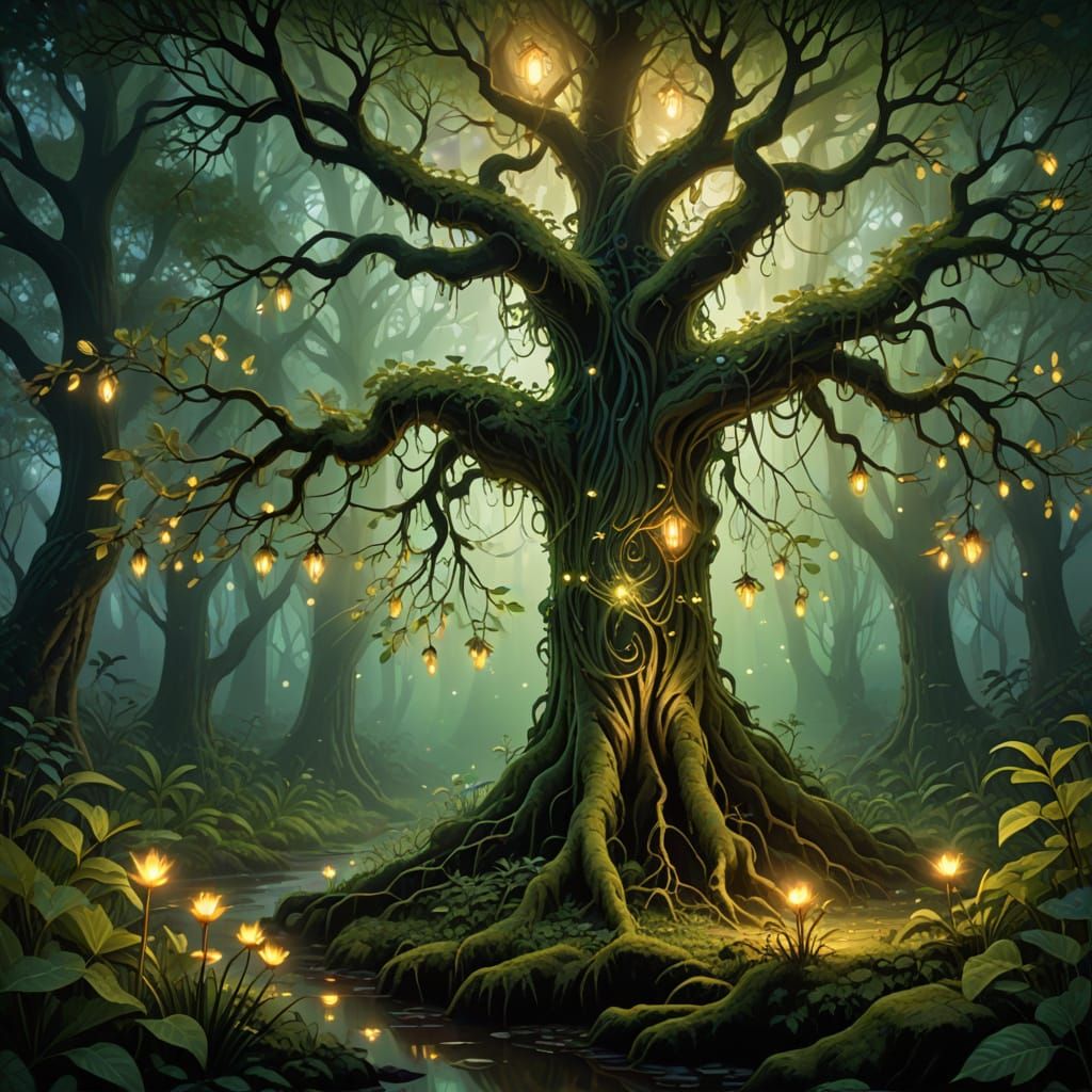 Whimsical Glowing Tree in a Mystical Forest