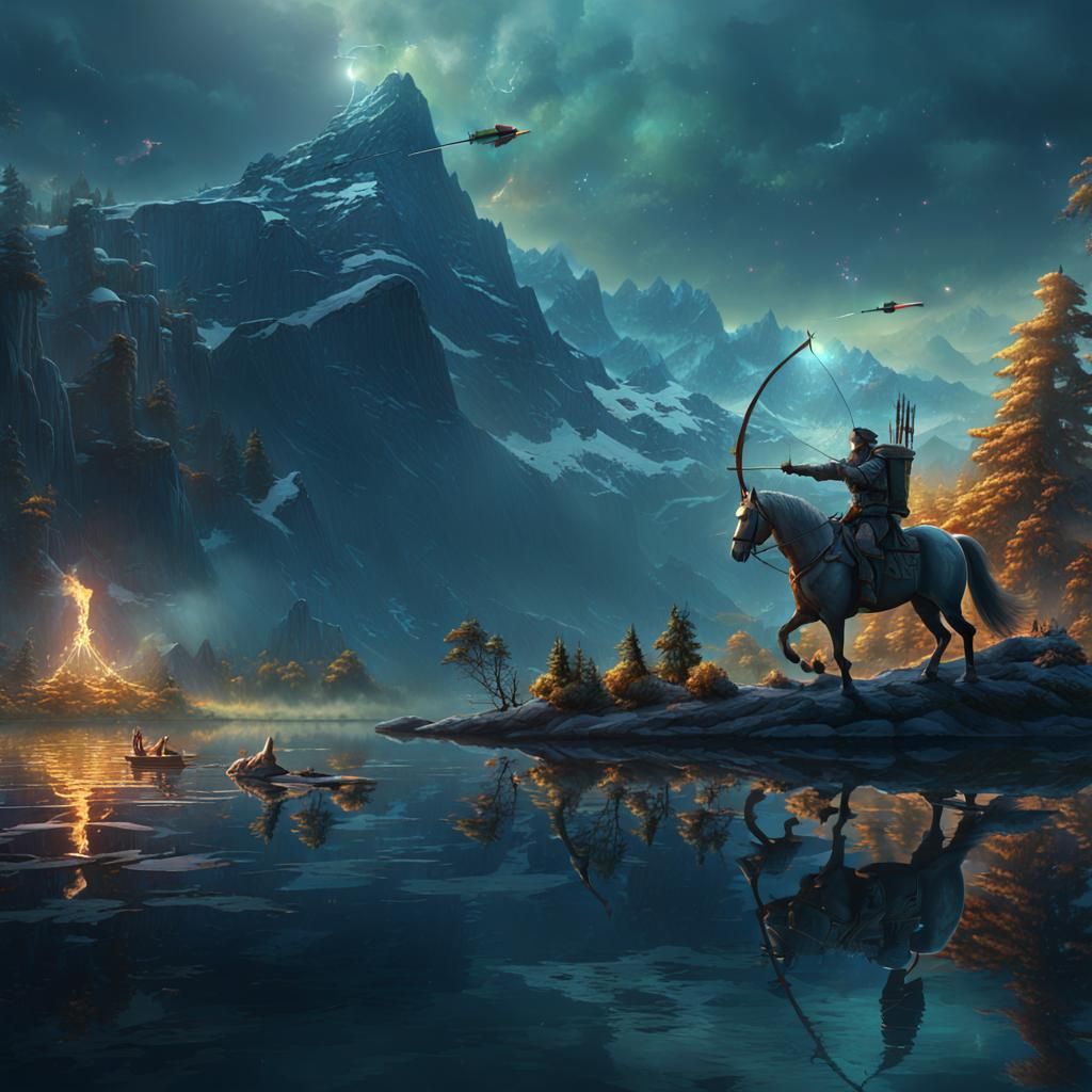 Horse Archer Shooting Arrow Across Lake: Digital Matte Paint...
