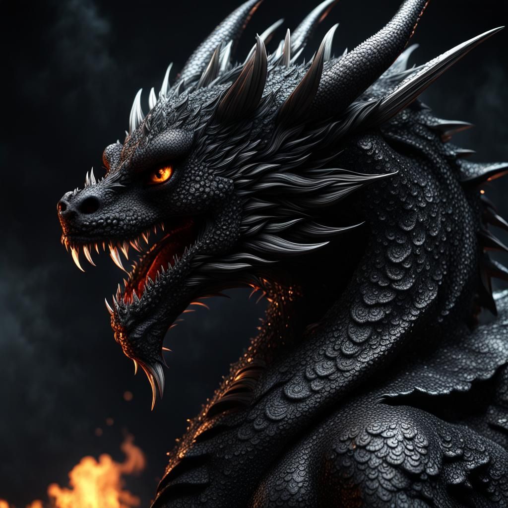 Fierce Goth Dragon in Black Ink Flames