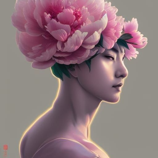 Hyperdetailed Peony Flower Portrait in Triadic Colors