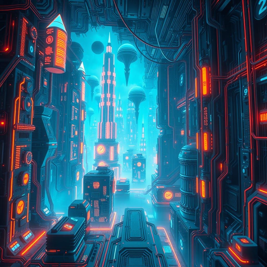 Neon Bot Mind Labyrinth in Cyberpunk Style