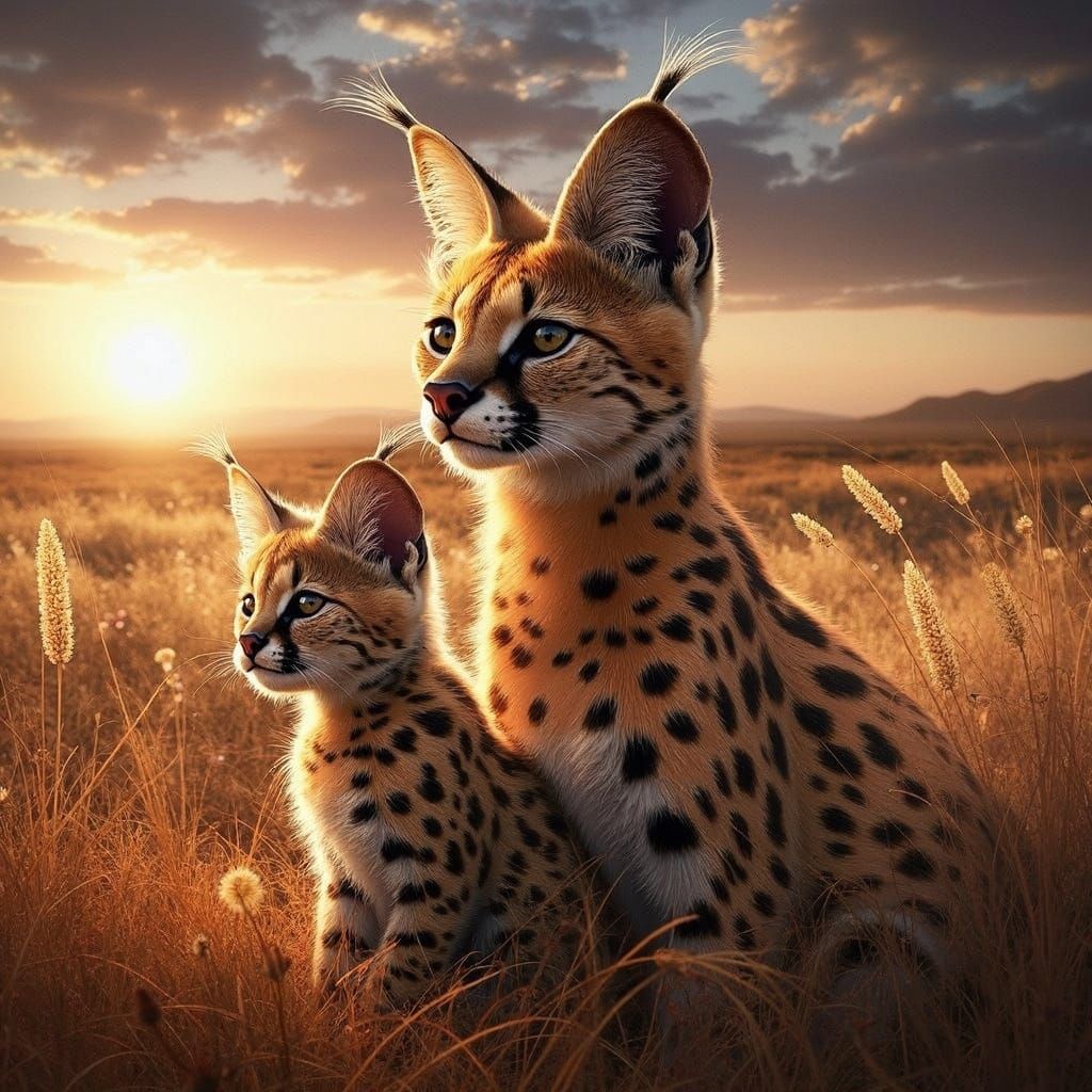 Serval Mother and Kitten in African Savannah Landscape