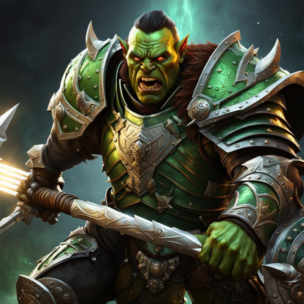 Half-Orc Warrior with Mace, Digital Art by Rutkowski