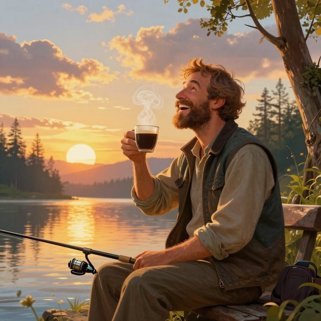Joyful Fisherman Enjoying Coffee in Golden Hour Glow