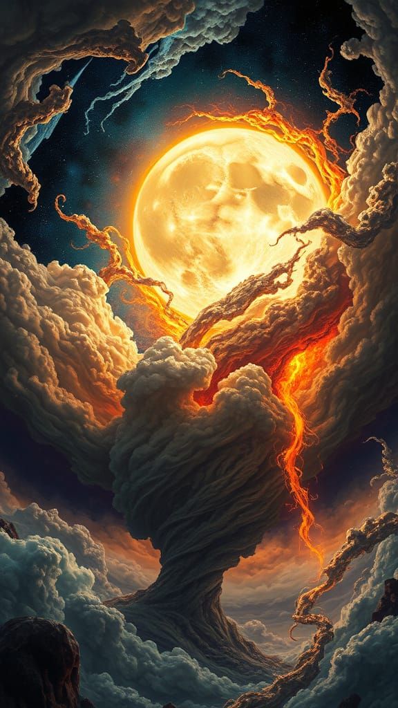 Apocalyptic Moonlit Sky with Art Nouveau Tornado