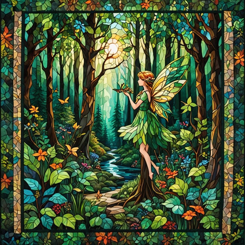 Patchwork Quilt Forest Fairy in Stained Glass Style