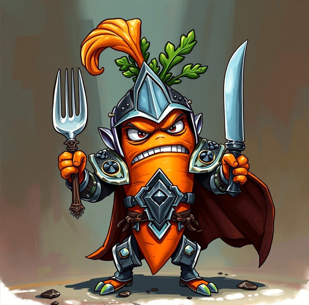 Grumpy Carrot Knight in Ornate Armor with Fork and Knife