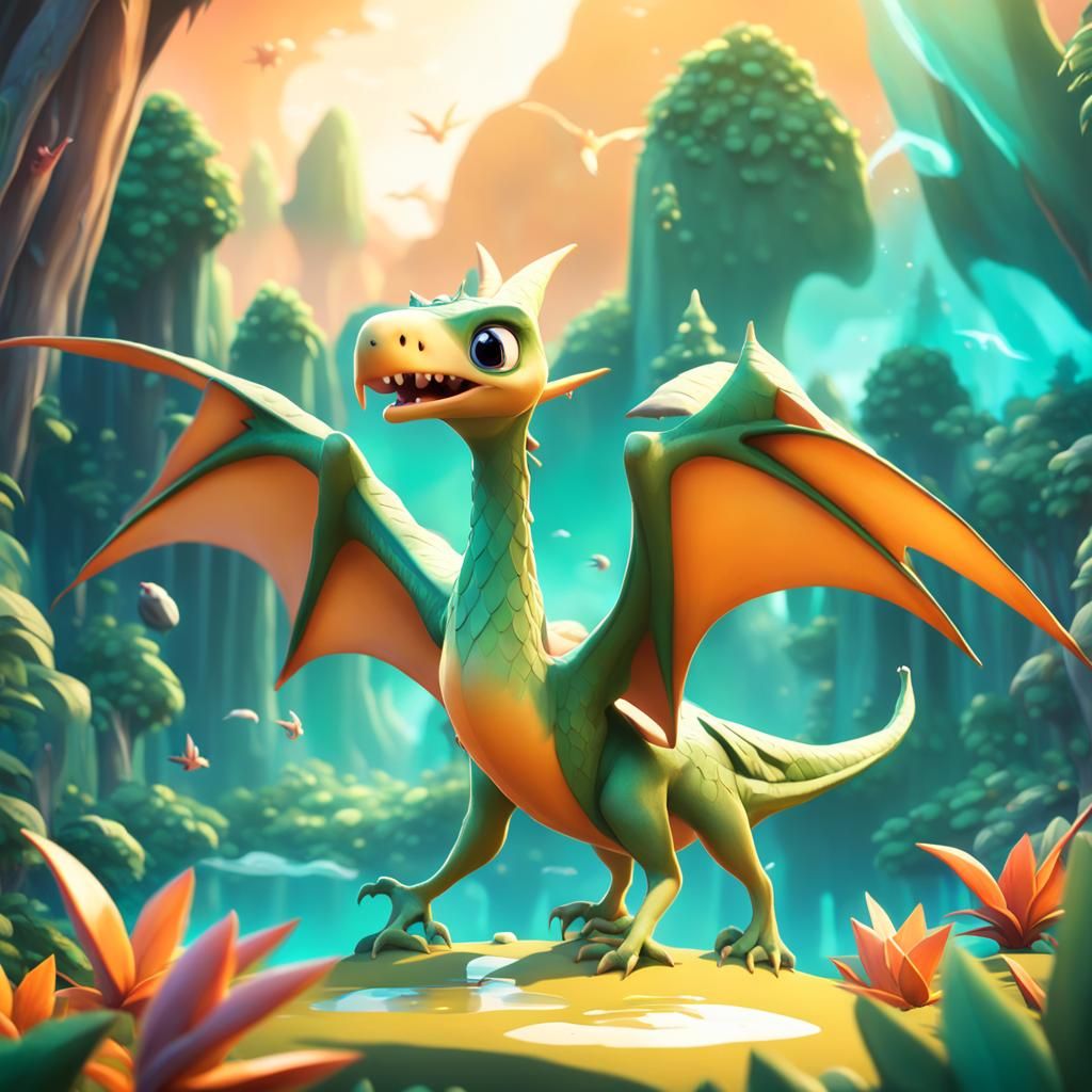 A whimsically drawn (((chibi pterodactyl))), fluttering through a (dreamlike fantasy landscape) with a young, blonde-hai...