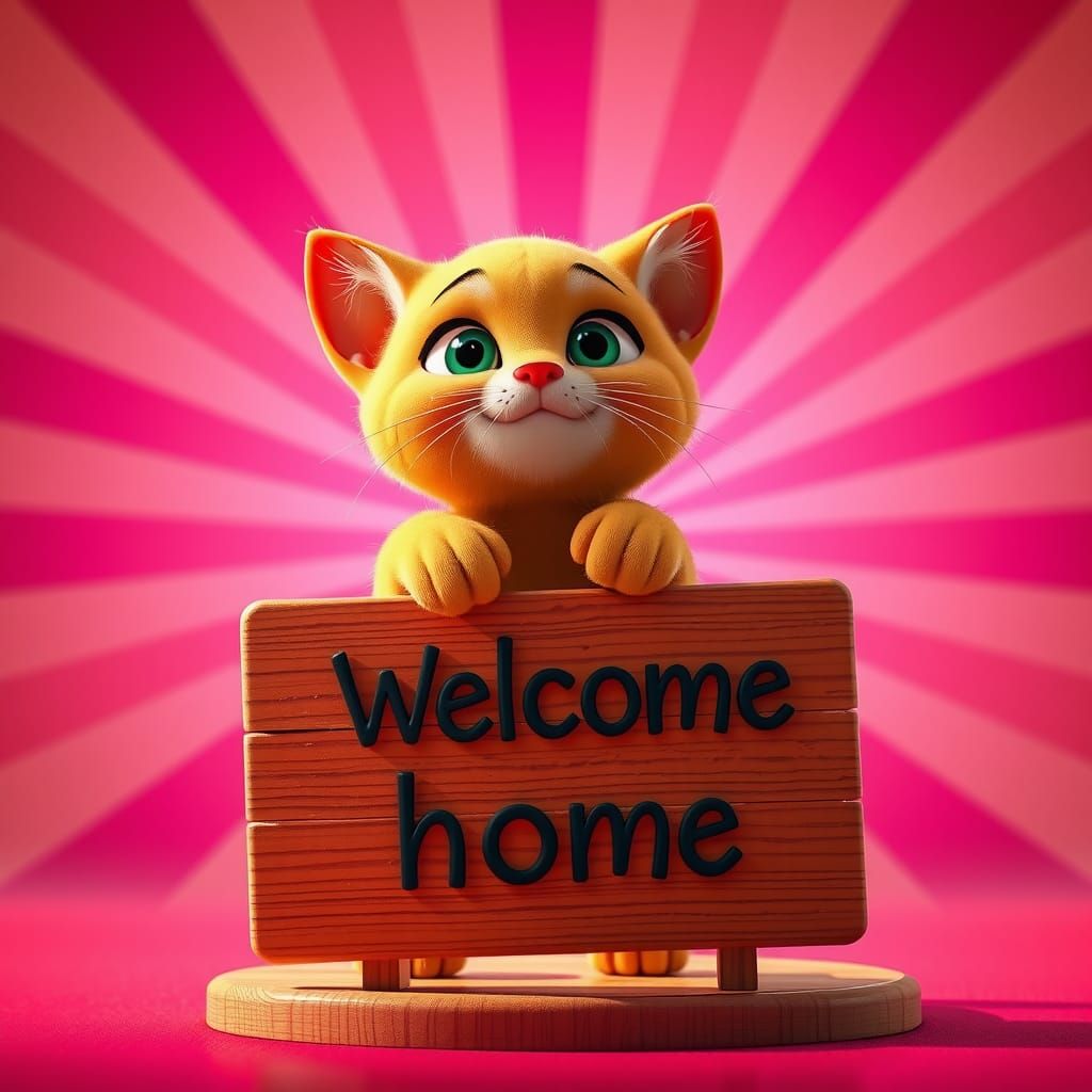 Playful Orange Kitten Climbing Welcome Sign: Pixar Style