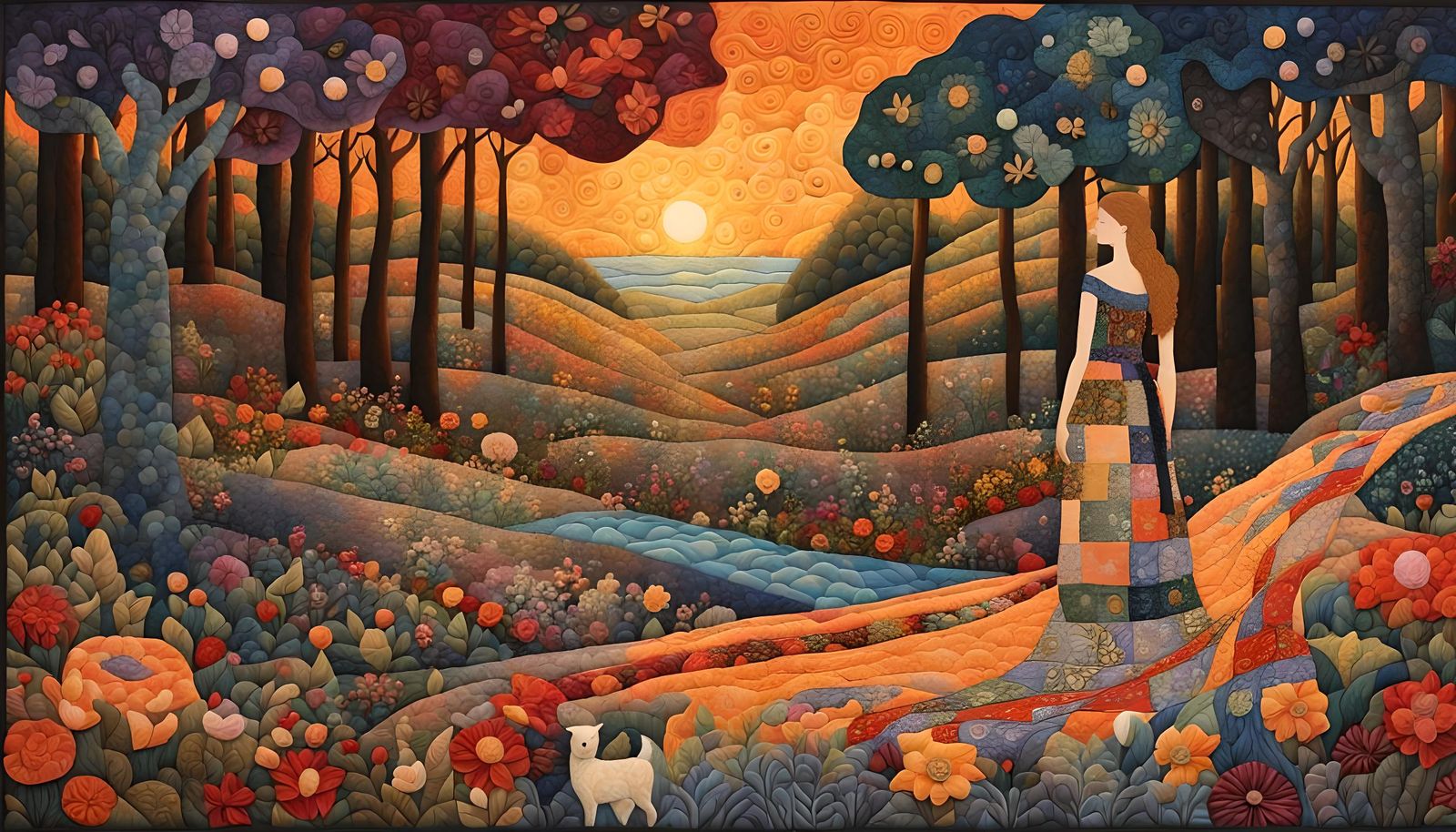 Quilted Sunset Woman in Enchanted Forest