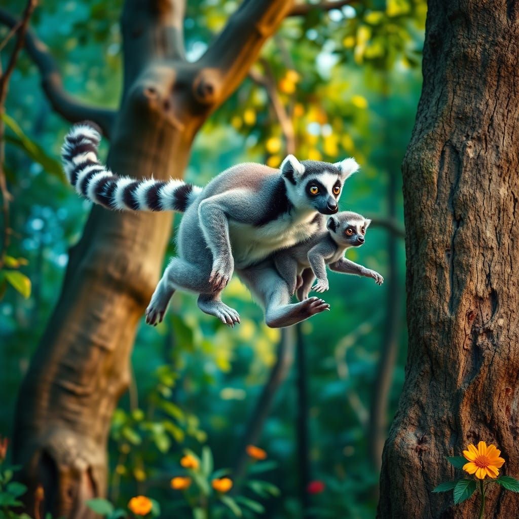 Lemur Leaping Between Trees with Baby in a Fantastical, Drea...