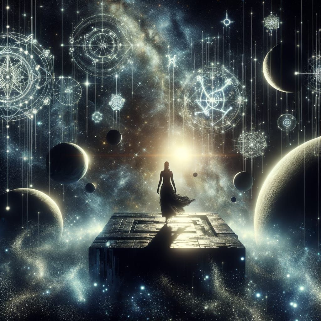 Woman Silhouette on Floating Platform in Cosmic Space