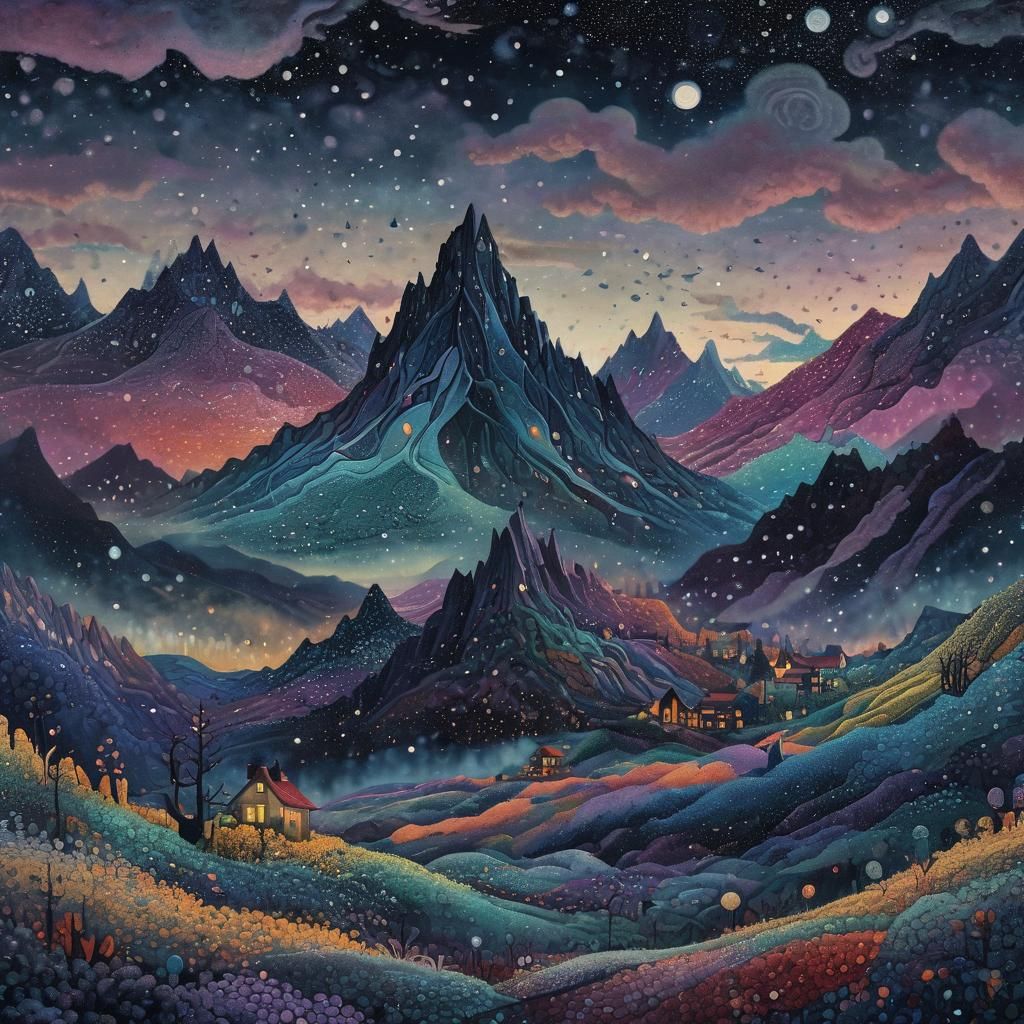 Mystical Mountain Range in Surreal Pointillism Style