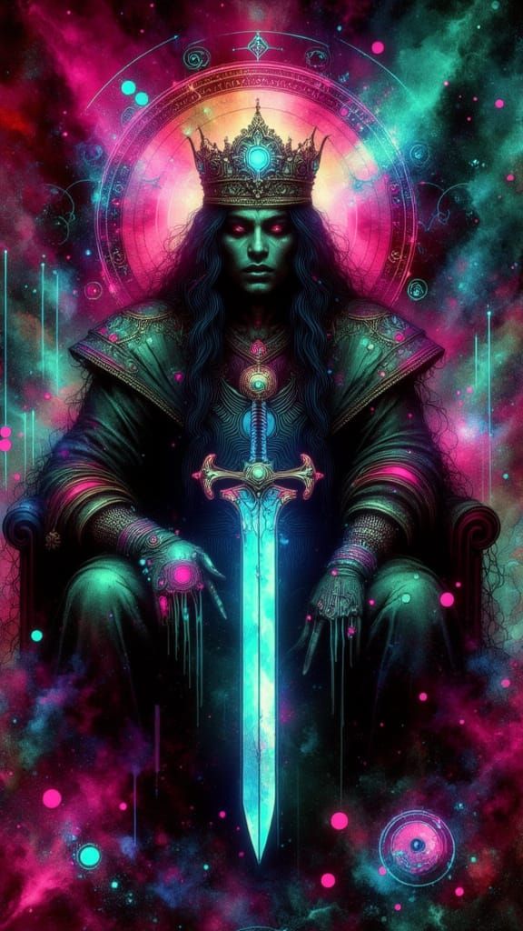 Neon Grunge King of Swords on Throne