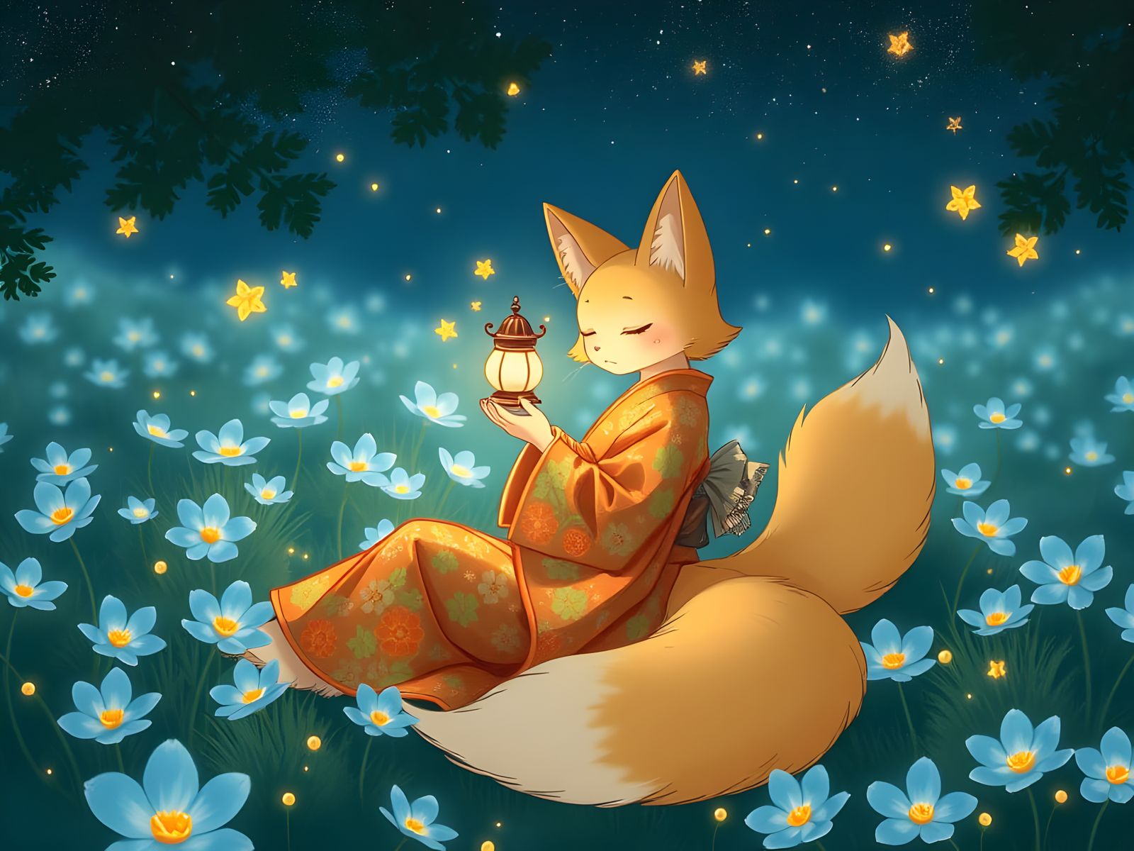 Kitsune in Glowing Flower Field, Ghibli Style