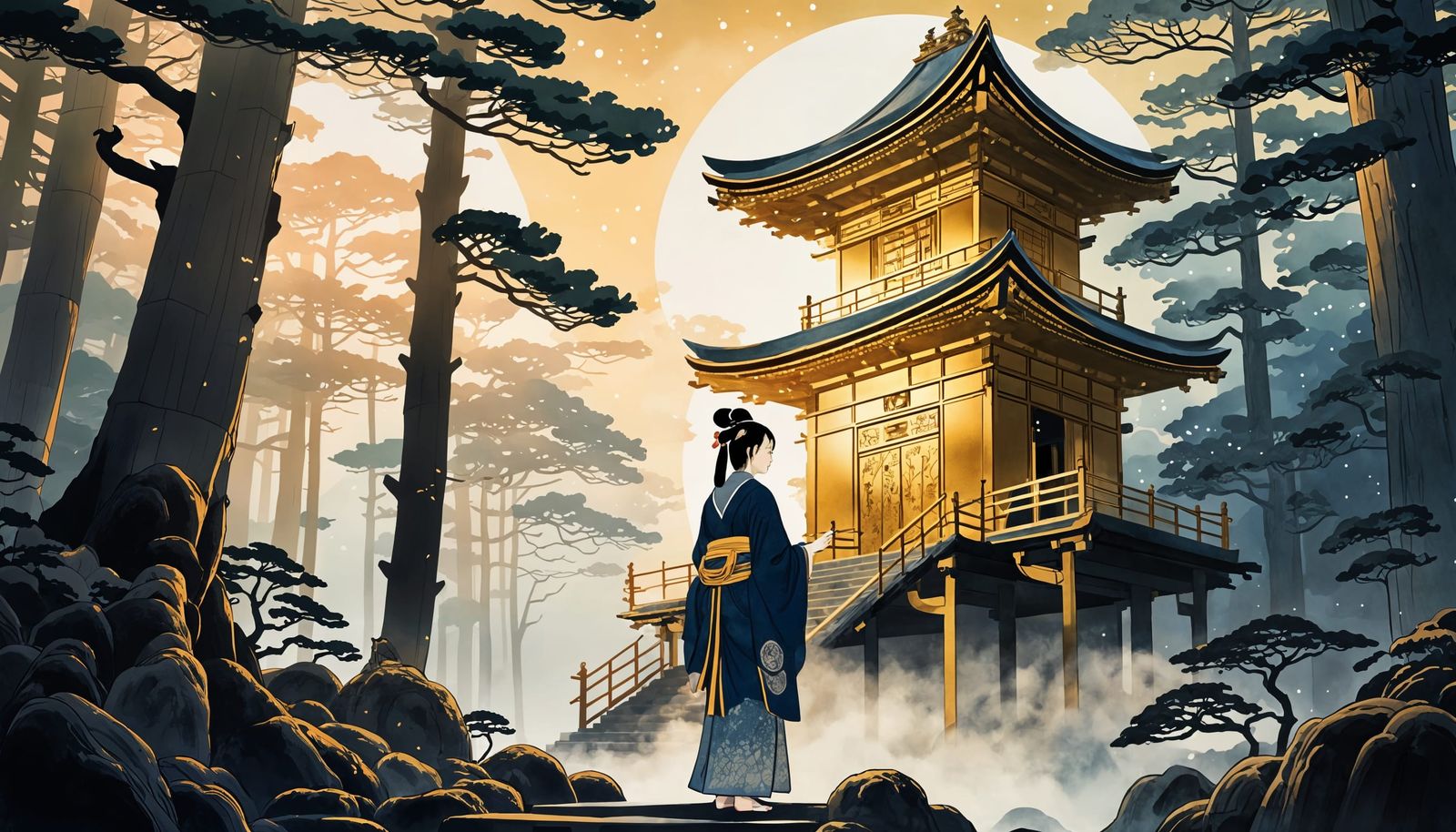 Golden Shrine in Ukiyo-e Style