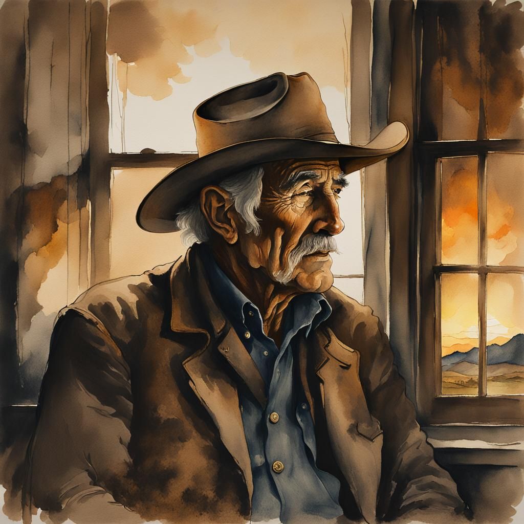 Elderly Cowboy Contemplates Night in Watercolor