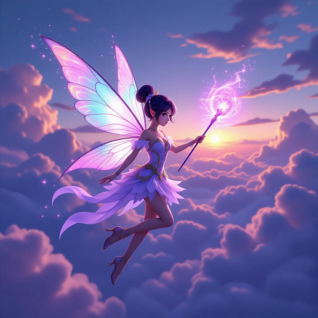 Cute Fairy with Glowing Wand in Twilight Sky