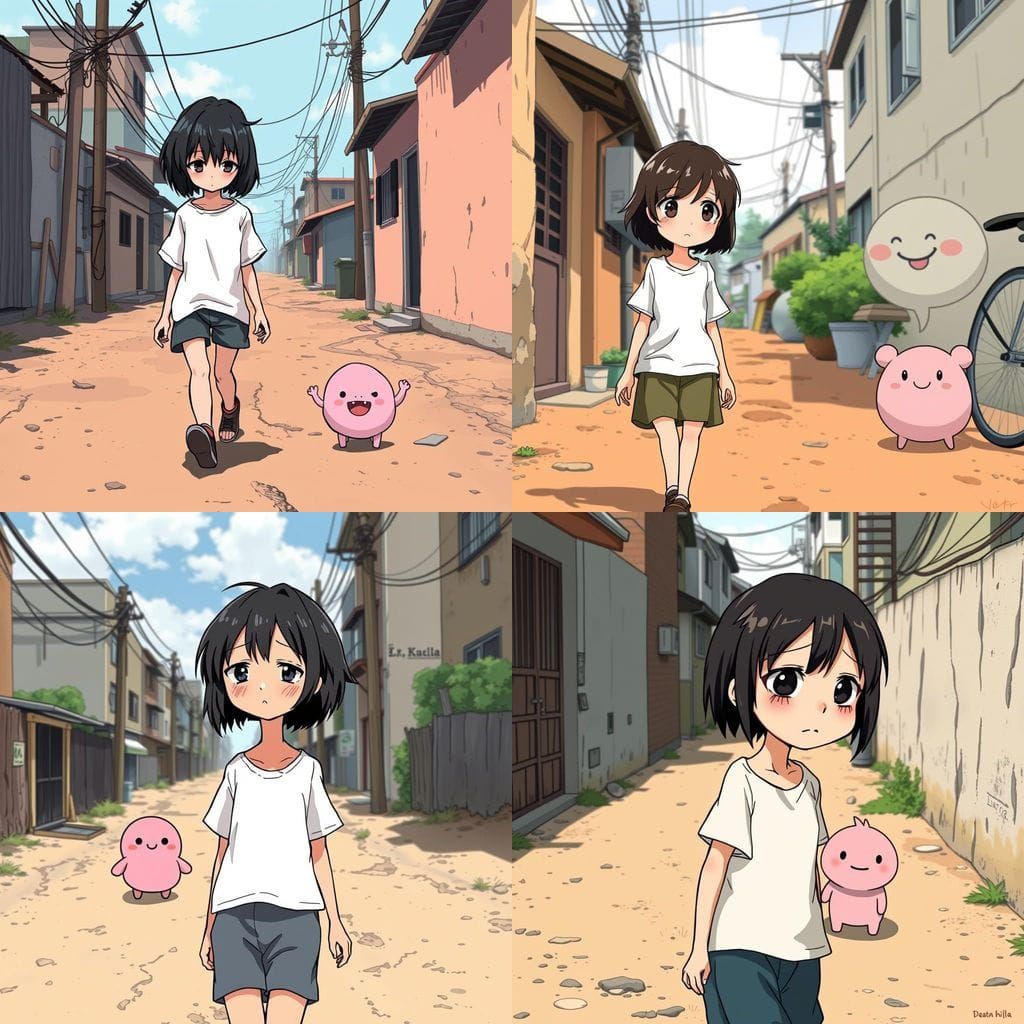 Sad Girl with Pink Creature in Anime Style